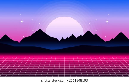 Vaporwave Landscape Illustration. Retro Landscape Skyline with Neon Light Grid Sun and Mountain Sci-Fi Futuristic Concept for Background and Wallpaper