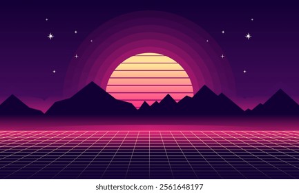 Vaporwave Landscape Illustration. Retro Landscape Skyline with Neon Light Grid Sun and Mountain Sci-Fi Futuristic Concept for Background and Wallpaper