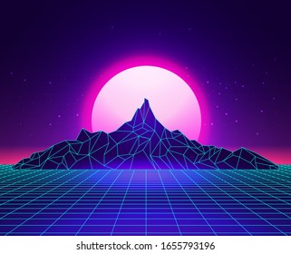 Cuadrícula láser de vaporwave abstracto paisaje de montañas con puesta de sol en el fondo. Concepto de onda sintética. Ilustración del vector