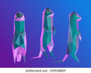 Vaporwave Meerkat. Set of Psychedelic Meerkats on Retro Background. Low Poly Vector 3D Rendering