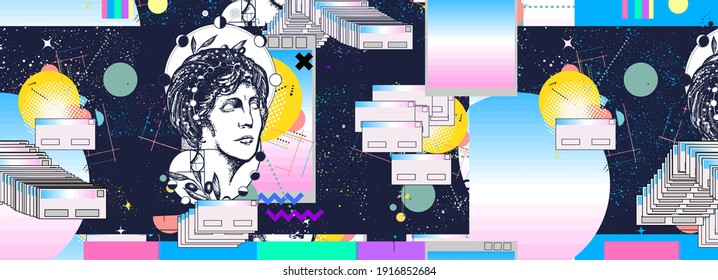 Arte musical de vaporwave. Patrón sin costura. Concepto de fallo técnico contemporáneo. Ilustración surrealista retrofuturista vectorial. Estatua antigua romana en el universo. Estilo de cultura pop de los años 80 y 90