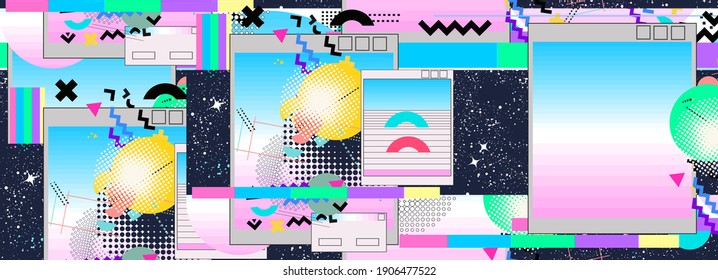 Vaporwave Music Seamless Pattern. Contemporary Cyberpunk Background. Surreal Retrofuturistic Vector Illustration. Glitch In Universe. 80s And 90s Internet Pop Culture Style 