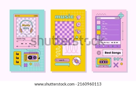 Vaporwave Music Template Social Media Stories. Retro Desktop with Frames, Playlist and Player Elements. Vector Abstract Aesthetic Background Nostalgic for 90s