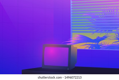 Vaporwave neon ambience room and vintage CRT TV with venetian blind windows and tropical palm tree, ultra violet nostalgic feelings