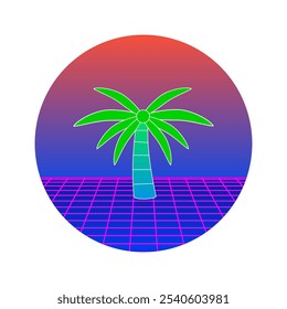 Vaporwave Palm Tree with Neon Grid and Gradient Sunset on Checkered Background