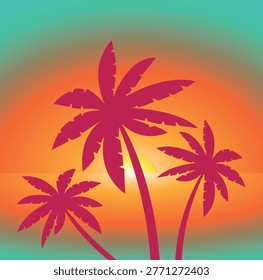Vaporwave Palm Trees Vector. Neon Sunset and Tropical Scene. Tropical Palm Trees Psychedelic Vector. Vibrant Beach Illustration. Retro 80s Tropical Aesthetic. Colorful Psychedelic Palm Trees Vector.