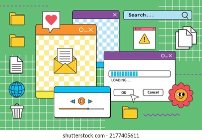 Vaporwave pc desktop with different message boxes and  user interface elements. Vaporwave style UI vector illustration. Retro browser computer window 90s