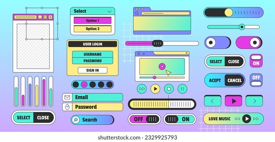 Escritorio de vaporwave pc con elementos de interfaz de usuario. Ventana de computadora del navegador retro en el estilo de los años 90 con cuadros de mensaje, tabulación, botón, barra de búsqueda, iconos de inicio de sesión y correo en el fondo degradado.