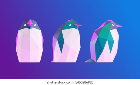 Vaporwave Penguin. Set of Psychedelic Penguins on Retro Background. Low Poly Vector 3D Rendering