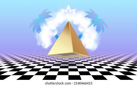 Vaporwave poster with cloud or vapor arch above the golden pyramid, surrounded by tropical palm trees. Surreal vaporwave abstraction in 90s style over the checkered floor