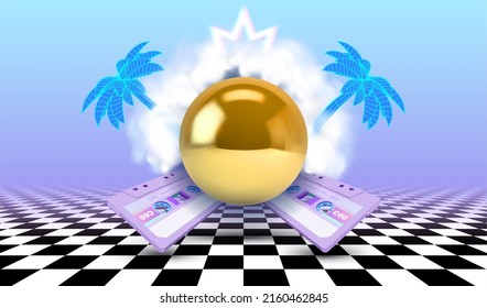 Vaporwave poster with cloud or vapor arch above the golden pyramid, surrounded by tropical palm trees. Surreal vaporwave abstraction in 90s style over the checkered floor.