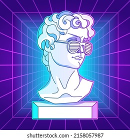 Vaporwave psychedelic antique statue. Futuristic Cyberpunk surreal collage with gypsum bust of David In in retro glasses. 3D room with laser grid.Synthwave 90s style.