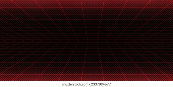 Vaporwave red laser grid angle on black background. Vector illustration of abstract mesh pattern. Retro futuristic 80s sci fi matrix landscape. Classic cyberspace poster, security system simulation