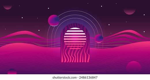 Vaporwave Retro Background. 80s Synthwave Styled Landscape with Sun and Planet. Vector Illustration.