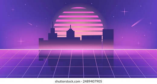 Vaporwave Retro Background. 80s Synthwave Styled Landscape with Night Cityscape. Vector Illustration.