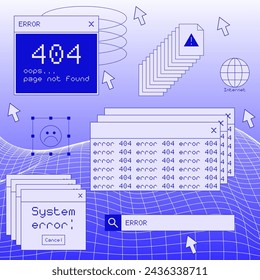 Ilustración de escritorio retro Vaporwave. 404 Ilustración del error. 90s Diseño de Vectores de Interfaz de Computadora.
