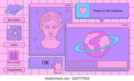 Vaporwave retro desktop with user interface elements. Vintage comics illustrations in nostalgic colorful style of the 80s and 90s.