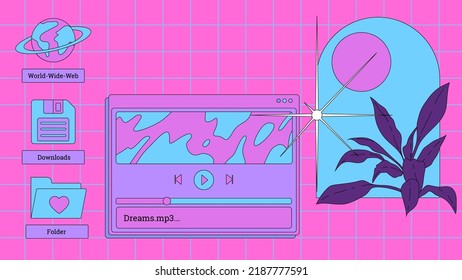 Vaporwave retro desktop with user interface elements. Modern anime illustrations in nostalgic colorful style of the 80s and 90s.