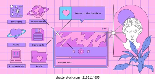 Vaporwave retro desktop with user interface elements. Modern vintage comics illustrations in nostalgic colorful style of the 80s and 90s.