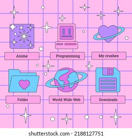 Vaporwave retro desktop with user interface elements. Vector illustration in pastel pink and violet colors.