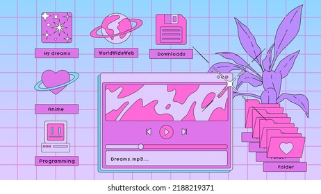 Vaporwave retro desktop with user interface elements. Modern anime illustration in nostalgic colorful style of the 80s and 90s.