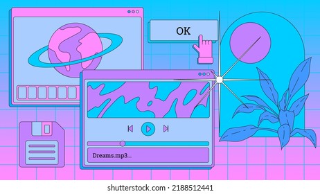 Vaporwave retro desktop with user interface elements. Modern anime illustrations in nostalgic colorful style of the 80s and 90s.