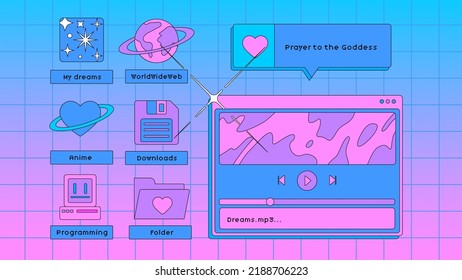 Vaporwave retro desktop with user interface elements. Vector illustration in pastel pink and violet colors.