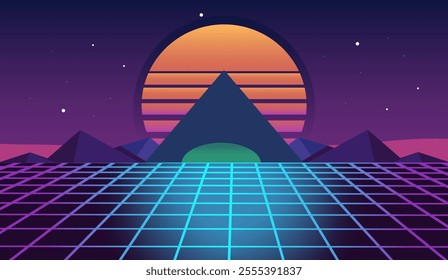 Vaporwave Retro Futuristic 80's Synthwave Landscape and Sun Background. 3D illustration Render