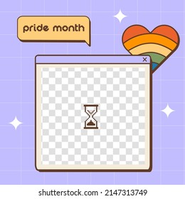 Vaporwave retro futuristic lofi social media post for LGBTQI Pride Month. 80s 90s aesthetic square backgrounds with old computer dialog window and rainbow colored heart. Vector illustration.