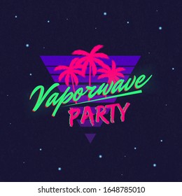 Vaporwave retro neon logo with beach palms isolated on dark background with retro texture. Trendy neon 80's design. Vector illustration