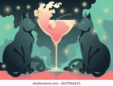 Vaporwave Retro Pop Art Cocktail with Cherry and Two Cats Under Shining Stars	