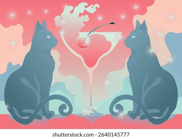 Vaporwave Retro Pop Art Cocktail with Cherry and Two Cats Under Shining Stars	