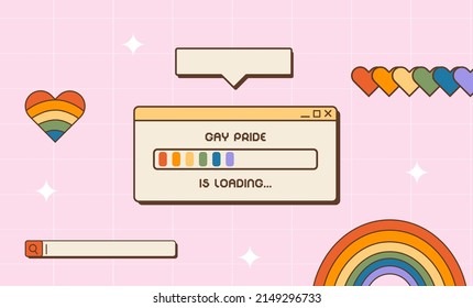 Vaporwave retro social media post for LGBTQ Pride Month. 80s 90s Y2K aesthetic square banner. Queer greeting card template with old computer video player window, rainbow heart and button. Vector.