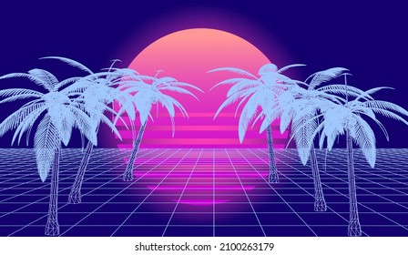 Vaporwave Retro Style 3D Landscape With Laser Grid, Row Of Palm Trees And Sun. Vector Illustration.