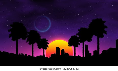 Vaporwave retro sunset with palms on the beach. Neon landscape futuristic galaxy background.