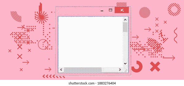 Vaporwave retro user interface with open blank window of text editor. Retrofuturistic abstract illustration with pixel glitches.