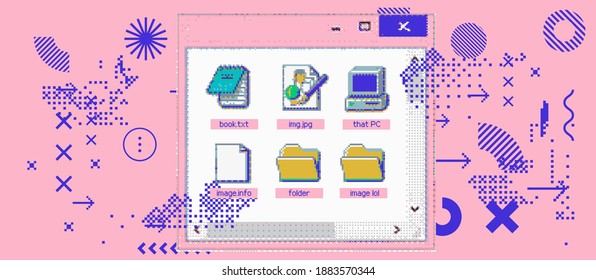 Vaporwave retro user interface with open blank window of text editor. Retrofuturistic abstract illustration with pixel glitches.