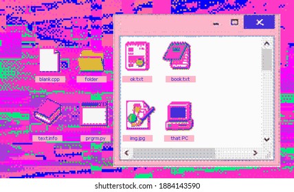 Vaporwave retro user interface with open blank window of text editor. Retrofuturistic abstract illustration with pixel glitches.