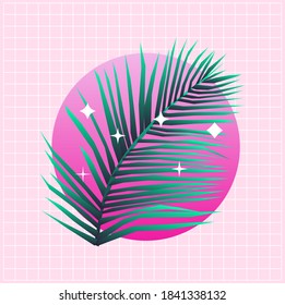 Vaporwave and retrowave style collage with tropical palm leaves on pink background. Retro aesthetics poster template.