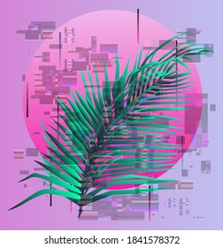 Vaporwave and retrowave style collage with tropical palm leaves on pink background. Retro aesthetics poster template.