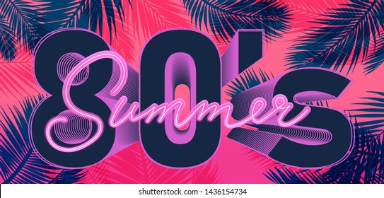 Vaporwave/ retrowave/ synthwave 80s-90s aesthetics style vector illustration of neon signboard and palm leaves around it. Poster or cover for music CD, notebook, modern t-shirt print.