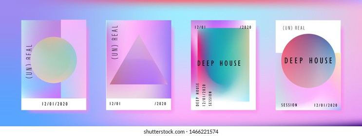 Vaporwave/ retrowave/ synthwave poster set for disco dance party night. Music concert cover, club event flyer invitation with vibrant holographic geometric shapes in punchy juicy pastel tones.