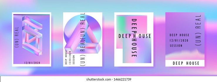 Vaporwave/ retrowave/ synthwave poster set for disco dance party night. Music concert cover, club event flyer invitation with vibrant holographic geometric shapes in punchy juicy pastel tones.