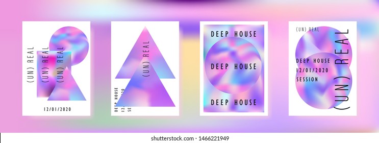 Vaporwave/ retrowave/ synthwave poster set for disco dance party night. Music concert cover, club event flyer invitation with vibrant holographic geometric shapes in punchy juicy pastel tones.