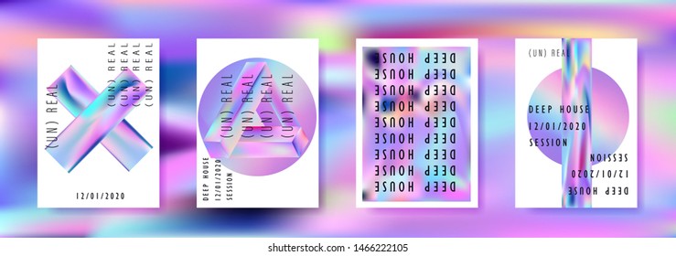Vaporwave/ retrowave/ synthwave poster set for disco dance party night. Music concert cover, club event flyer invitation with vibrant holographic geometric shapes in punchy juicy pastel tones.