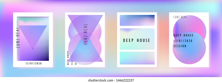 Vaporwave/ Retrowave/ Synthwave Poster für Disco-Tanzabend. Musikkonzertcover, Club Event-Flyer-Einladung mit lebhaften holografischen geometrischen Formen in knallsaftigen Pastelltönen.