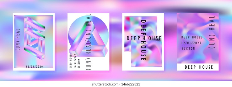 Vaporwave/ retrowave/ synthwave poster set for disco dance party night. Music concert cover, club event flyer invitation with vibrant holographic geometric shapes in punchy juicy pastel tones.