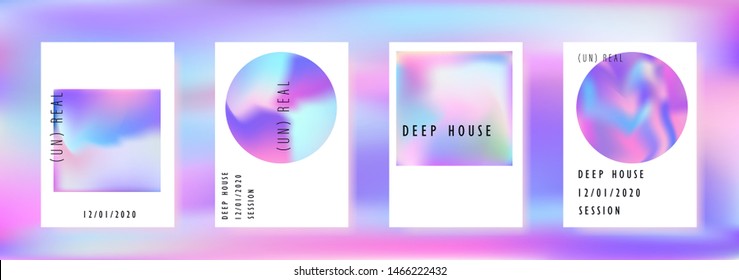 Vaporwave/ retrowave/ synthwave poster set for disco dance party night. Music concert cover, club event flyer invitation with vibrant holographic geometric shapes in punchy juicy pastel tones.