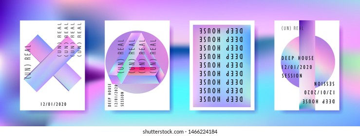 Vaporwave/ retrowave/ synthwave poster set for disco dance party night. Music concert cover, club event flyer invitation with vibrant holographic geometric shapes in punchy juicy pastel tones.