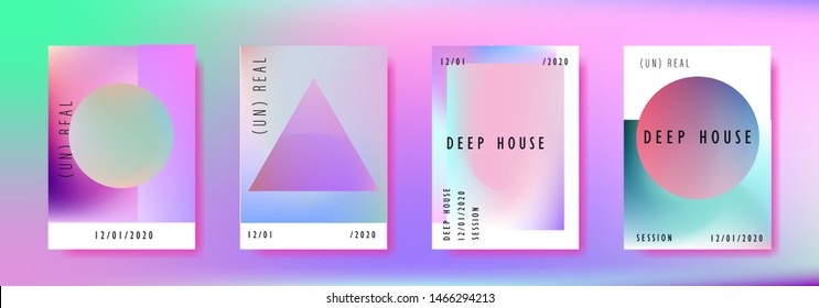 Vaporwave/ retrowave/ synthwave poster set for disco dance party night. Music concert cover, club event flyer invitation with vibrant holographic geometric shapes in punchy juicy pastel tones.